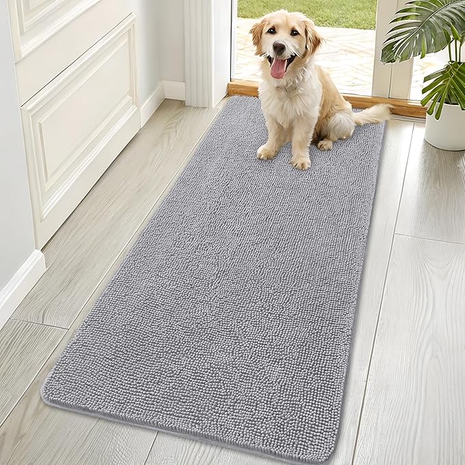 OLANLY Dog Door Mat for Muddy Paws 70x35, Absorbs Moisture and Dirt, Absorbent Non-Slip Washable Doormat, Quick Dry Chenille Mud Mat for Dogs, Entry Indoor Entryway Carpet for Inside Floor, Light Grey by OLANLY