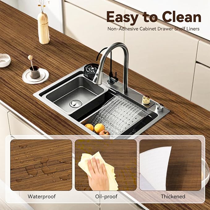 Drawer Shelf Liner for Kitchen Cabinets, Non Adhesive Slip Resistant Shelf Paper Easy to Clean, Strong Grip Thickened Waterproof Washable Mats for Pantry Shelves, Cupboard, Wood Grain, 12 in x 10 FT - Image 2