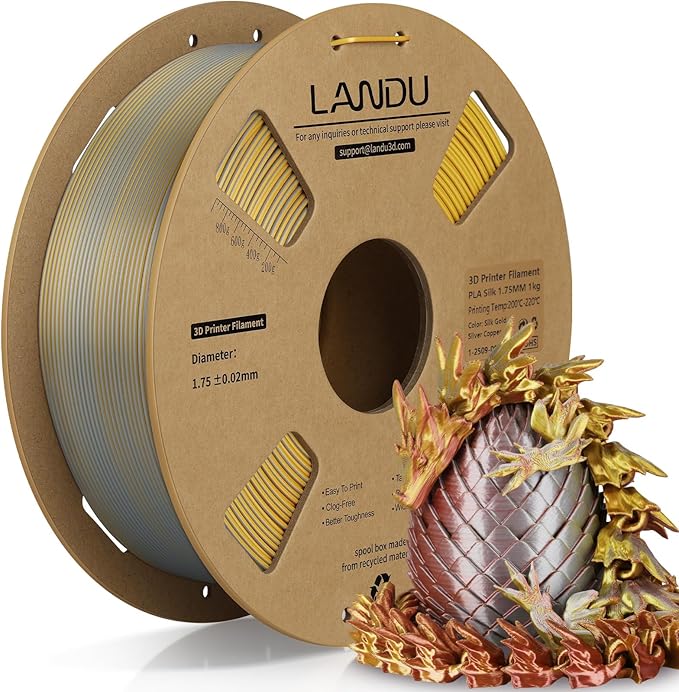 LANDU Silk Tri-Color PLA Filament 1.75mm 1Kg,Triple Color Silk PLA Filament,Silk Rainbow PLA Filament,Neatly Wound 3D Printer Filament,3 in 1 Multi Color Filament +/-0.02mm, Silk Gold Silver Copper by LANDU