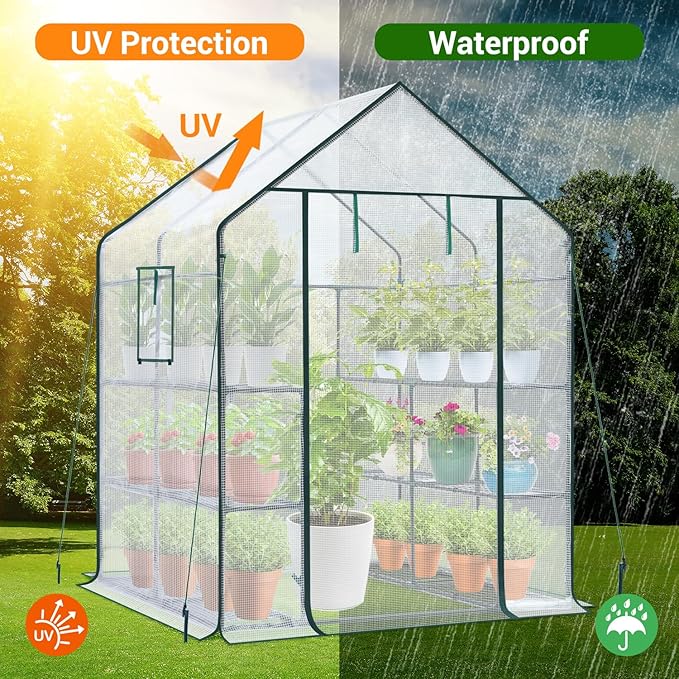 Ohuhu Greenhouse for Outdoors: 3 Tiers 12 Shelves Walk-in Indoor Green House Heavy Duty Plant Stands Reinforced Plastic PE Cover Mini Portable Warm House for Outside, 4.8x2.5x6.4 FT - Image 3