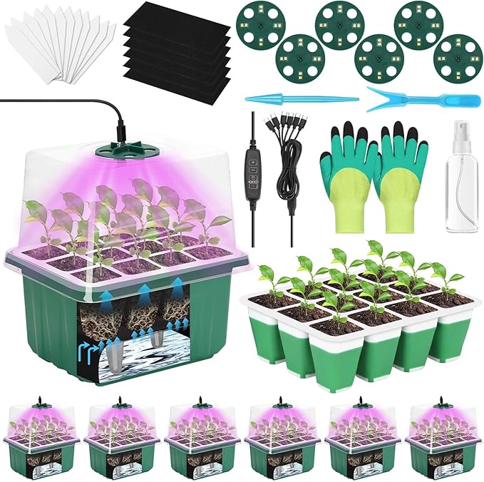 Mckanti 6 Set Self-Watering Seed Starter Tray Kits with Grow Light, Reusable Seed Germination Kit with Adjustable Humidity Domes and Silicone Cell Base Tray for Indoor Plant Seeds GerminationKit by Mckanti
