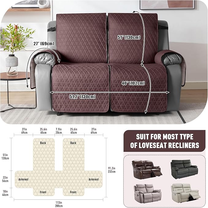 TAOCOCO 100% Waterproof Recliner Cover, Non-Slip Washable Reclining Couch Cover with Elastic Leg Straps, Furniture Protector for Dogs (Coffee, 2 Seater) - Image 3