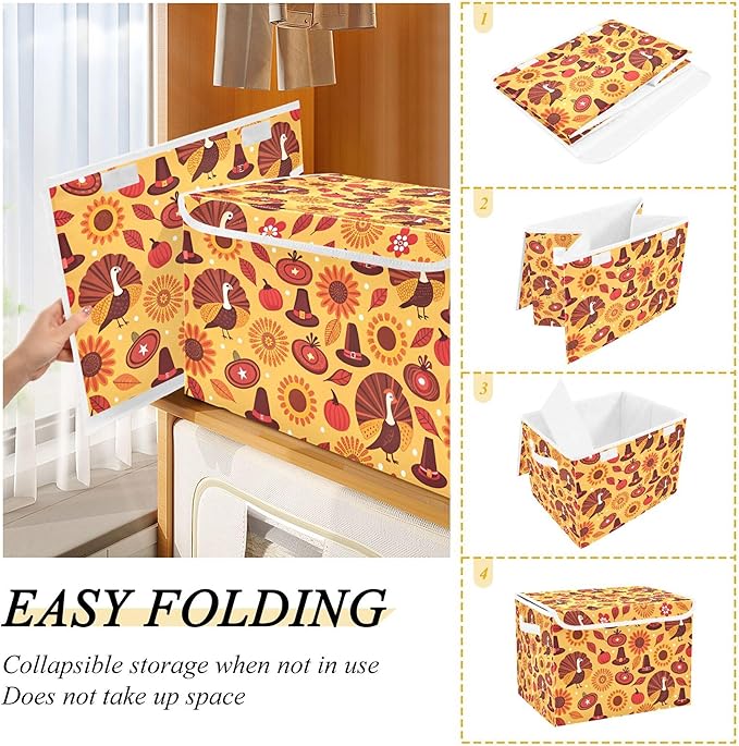 xigua Thanksgiving Sunflower Turkey Storage Bins with Lids and Carrying Handle,Foldable Storage Boxes Organizer Containers Baskets Cube with Cover for Home Bedroom Closet Office - Image 4
