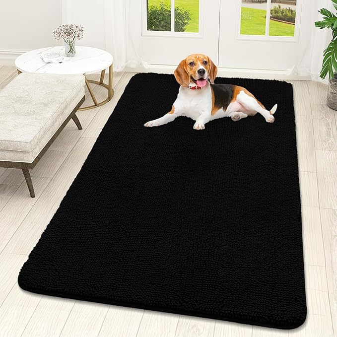 OLANLY Dog Door Mat for Muddy Paws 59x32, Absorbs Moisture and Dirt, Absorbent Non-Slip Washable Doormat, Quick Dry Chenille Mud Mat for Dogs, Entry Indoor Entryway Carpet for Inside Floor, Black by OLANLY