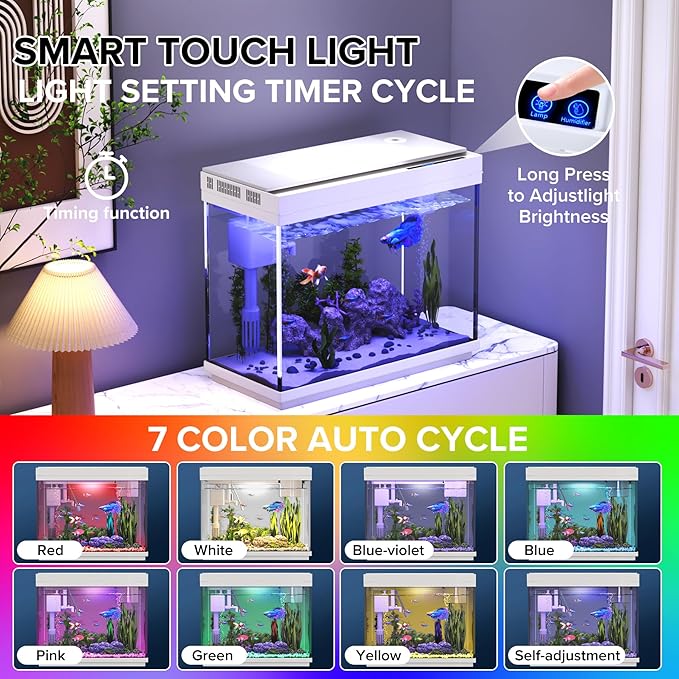 Fish Tank 2.4 Gallon Aquarium Kit with Humidifier 7-Color Auto-Looping 3 in 1 Quiet Pump with Filteration & Oxygenation & Circulation, Temperature Display, HD Glass - Image 5