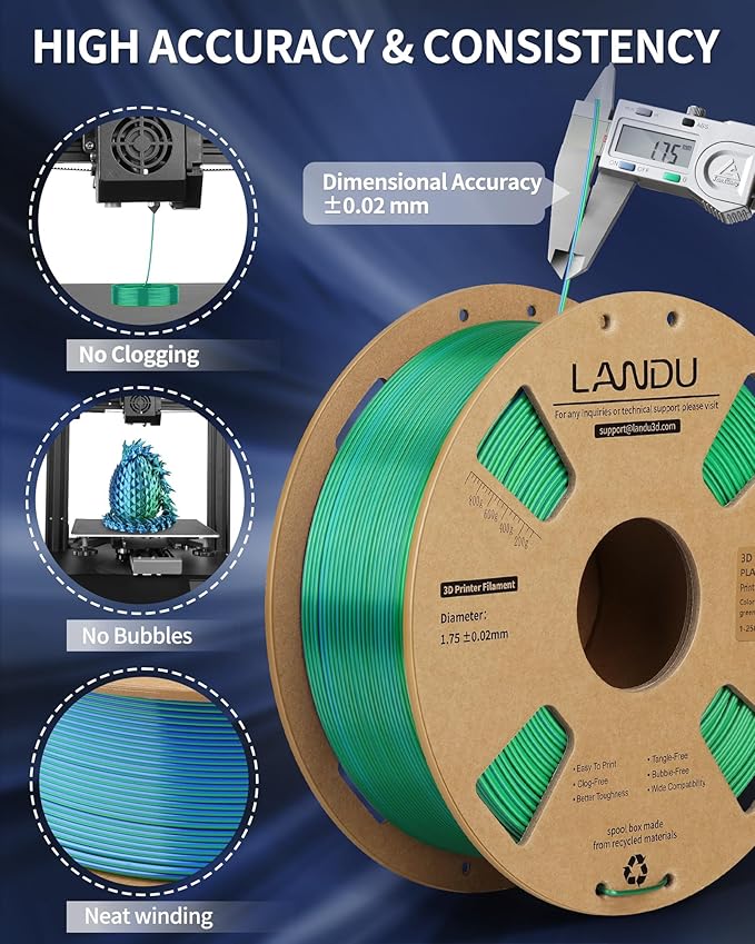LANDU Silk Dual Color PLA Filament 1.75mm 1KG, 3D Printer Filament Dimensional Accuracy +/- 0.02mm, Coextrusion Filament PLA Shiny Filament Fits for Most FFF 3D Printers,1KG Spool (2.2lbs) Green Blue - Image 5