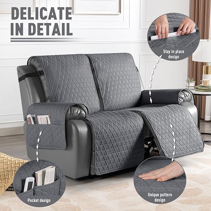 TAOCOCO 100% Waterproof Recliner Cover, Non-Slip Washable Reclining Couch Cover with Elastic Leg Straps, Furniture Protector for Dogs (Dark Gray, 2 Seater) - Image 6