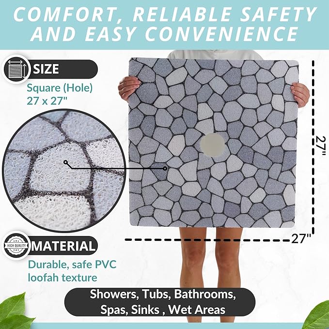 Shower Mat with Center Drain Hole - Secure Loofah Non Slip Shower Mats for Inside Shower - 27x27 Square Bath Mats for Shower - Anti Slip Shower Stall Mat - Square Shower Floor Mat (27x27 Pebble Blue) - Image 3