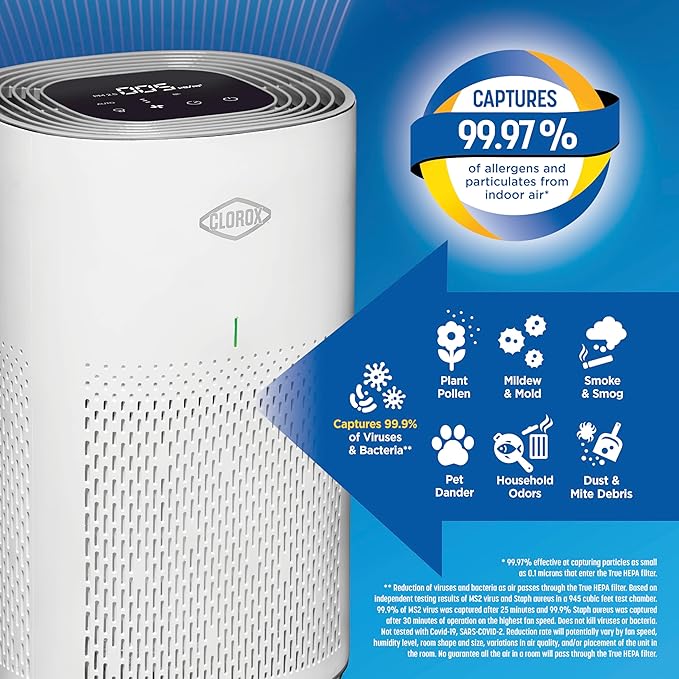 Clorox HEPA Air Purifiers for Home, True HEPA Filter, Medium Rooms Up to 1,000 Sq Ft, Removes 99.9% of Mold, Viruses, Wildfire Smoke, Allergens, Pet Allergies, Dust, AUTO Mode, Whisper Quiet - Image 3
