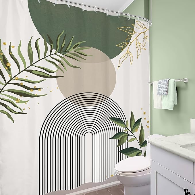 Green Boho Shower Curtain Extra Long Modern Abstract Bohemian Green Gold Minimalist Leaves Mid Century Arch Bathroom Decor Geometric Plant 72Wx84H Bath Curtain Fabric Polyester 12 Pack Hooks - Image 4