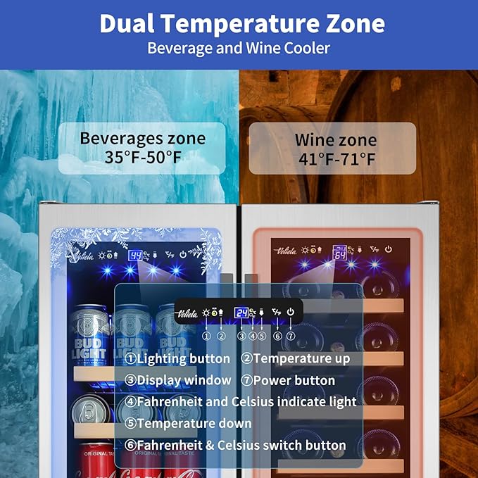 24 Inch Wine and Beverage Refrigerator, Dual Zone Wine Beverage Cooler, Built-in/Freestanding Beer and Wine Fridge with a Powerful Compressor, 20 Bottles and 88 Cans Capacity - Image 2