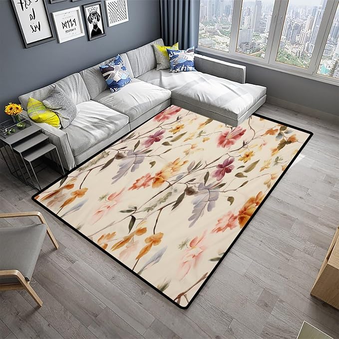 Vintage Florals Floor Covering with Floral Printing - Non-Slip Area Rug for Living Room/Bedroom - Fade, Flame, and Stain Resistant, Quick Dry, Waterproof Floor Carpet, 78 x 120 Inch - Image 2