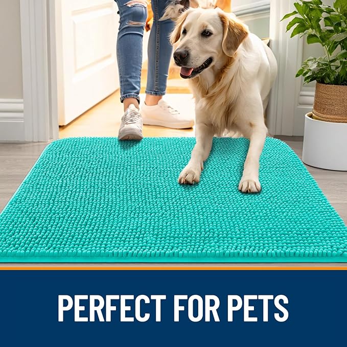 OLANLY Dog Door Mat for Muddy Paws 59x20, Absorbs Moisture and Dirt, Absorbent Non-Slip Washable Doormat, Quick Dry Chenille Mud Mat for Dogs, Entry Indoor Entryway Carpet for Inside Floor, Teal - Image 6
