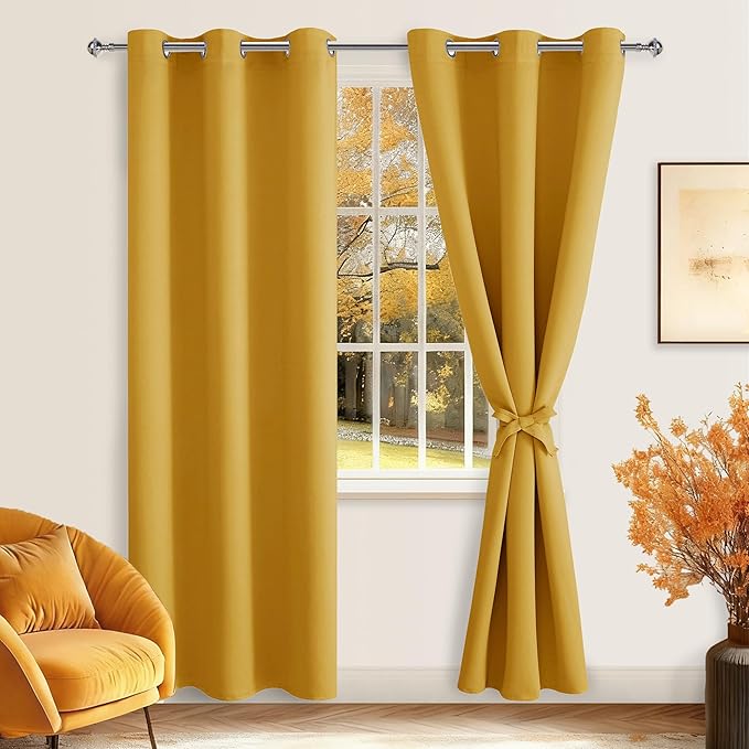Hiasan Blackout Curtains for Bedroom, 42 x 84 Inches Long - Thermal Insulated & Light Blocking Window Curtains for Living Room, 2 Drape Panels Sewn with Tiebacks, Mustard Yellow - Image 2