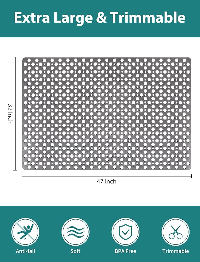 Extra Large Shower Mat, Yonala 47 x 32 Inch Non Slip Shower Mats for Inside Shower, Soft TPE Shower Floor Mat with Suction Cups and Drain Holes, Machine Washable Bathroom Shower Mat, Easy to Clean - Image 2