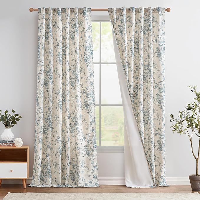 jinchan Lined Linen Blend Curtain Floral Curtains for Living Room 108 Inches Long Blue Peony Flower Printed Curtain Rod Pocket Back Tab Farmhouse Patterned Drapes Bedroom Window Curtains Set 2 Panels by JINCHAN