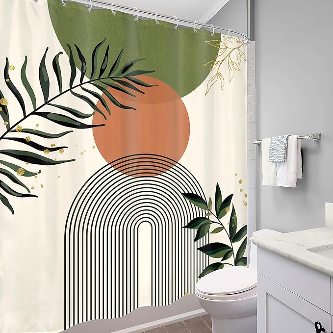 Green Boho Shower Curtain 60Wx72H Abstract Bohemian Modern Leaves Mid Century Minimalist Contemporary Plant Bathroom Decor Simple Neutral Bath Curtain Fabric Polyester 12 Pack Hooks - Image 4