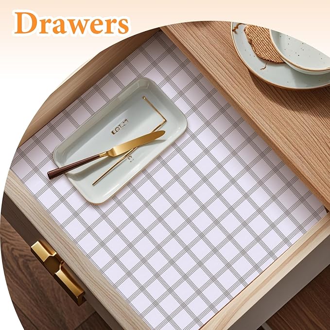 Shelf Liner for Kitchen Cabinets Non Adhesive Drawer Liner Non-Slip Thickened Shelf Liner Paper Strong Easy to Clean for Tool Box Refrigerator with Knife and Tape Measure, White Square, 11.8 x 118 in - Image 7