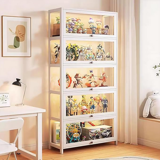5 Tier Curio Display Cabinet with Acrylic Glass Door, Large Capacity Storage Cabinet Collectibles Toy Organizers Rack & Display Shelf, Kids Bookshelf and Bookcase for Playroom, Bedroom - Image 3