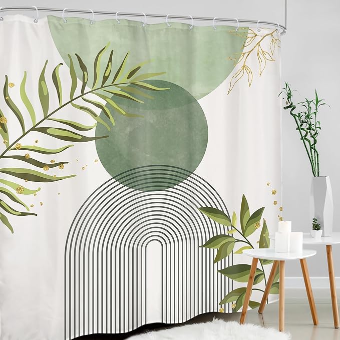 Sage Green Boho Shower Curtain 72Wx78H Modern Bohemian Abstract Leaves Olive Dark Green Mid Century Plant Bathroom Decor Minimalist Geometric Arch Bath Curtain Fabric Polyester 12 Pack Hooks - Image 3