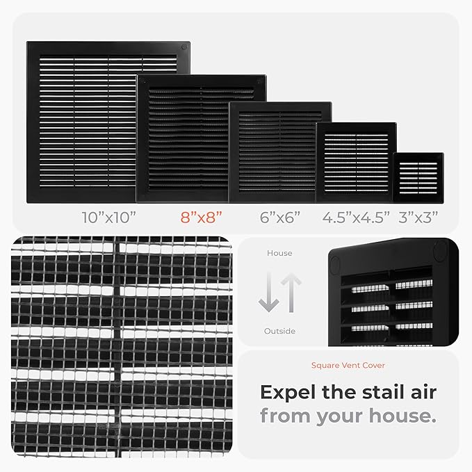 5-Pack 10" x 10" (Outer Size) Square Air Vent Cover – Black Plastic Vent Deflector - Screen Mesh, Surface Mount Wall Ceiling – Cold Air Return Soffit Air Vent Cover - Register Indoor Outdoor - Image 3