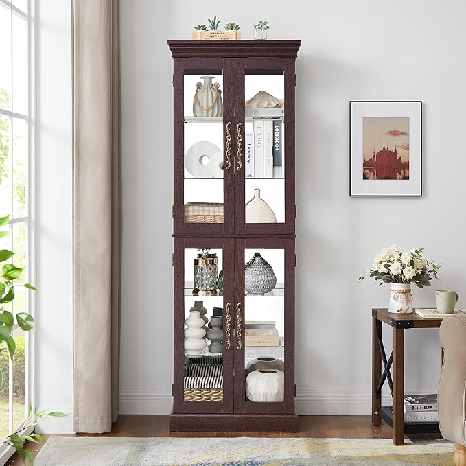 Lighted Glass Curio Cabinet with Lights & Adjustable Shelves,Curio Display Cabinet with Wood Frame,Corner Cabinet for Kitchen,Living Room,Office(Free Standing,Light Bulb Include) - Image 6