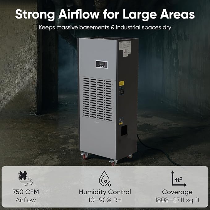 350 Pints Commercial Dehumidifier for Basements & Industrial Spaces – Built-In Pump, Drain Hose, Continuous Operation, 2-Speed Fan, 30000 Sq Ft Coverage - Image 3