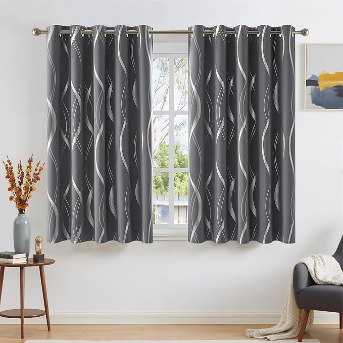 NICETOWN Grey Patterned Blackout 54 inch Long Curtain for Cafe, 66 x 54 inch, Short Thermal Insulated Wave Line Foil Print Design Drapes for Cloest and RV, 2 Panels by NICETOWN