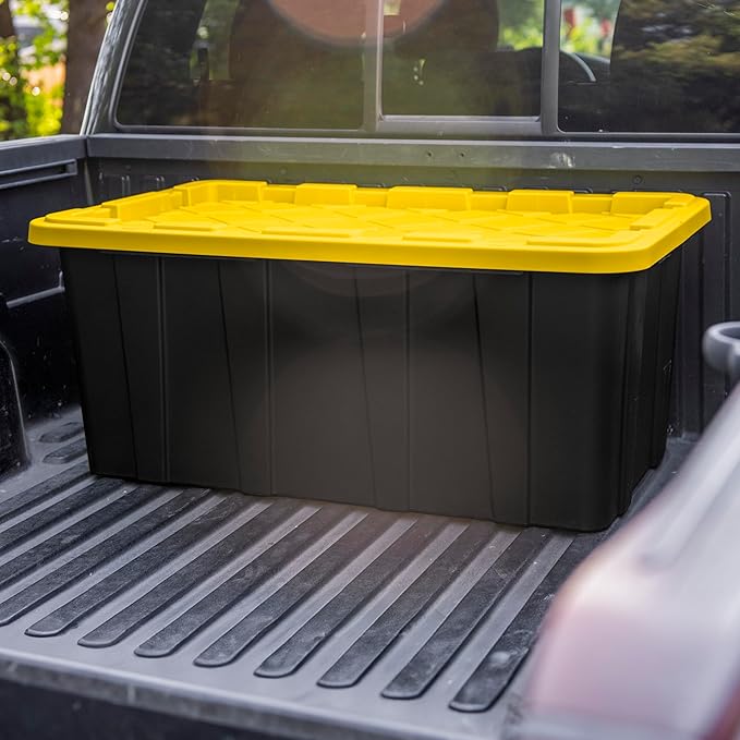 Sterilite 38 Gal Industrial Tote, Stackable Storage Bin with Snap-Fit Lid for Garage, Basement & Attic Storage, Black Base and Yellow Lily Lid, 4-Pack - Image 8
