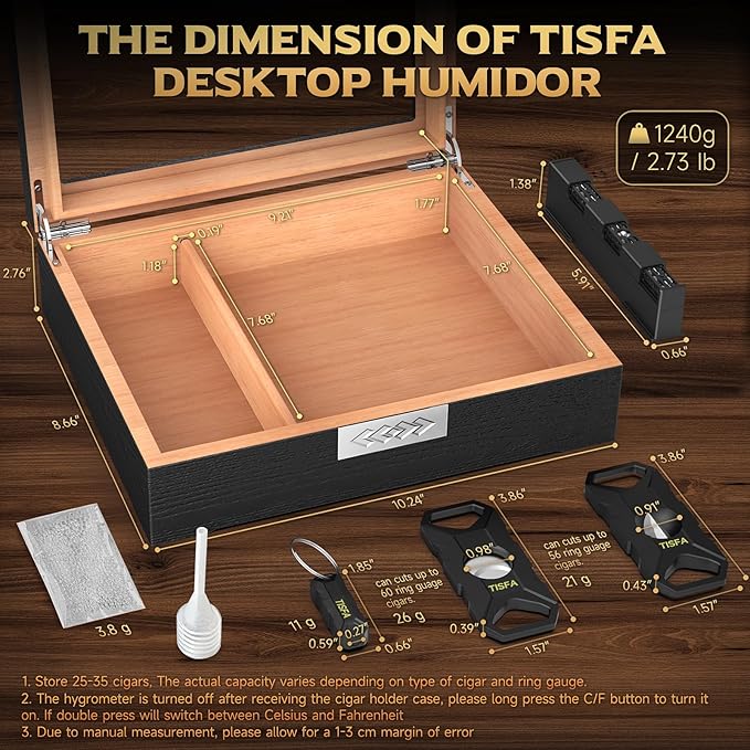 TISFA Cigar Humidor Box Cigar Accessories Set, Includes V Cutter, Straight Cutter, Hole Punch, Digital Hygrometer, Adjustable Humidifier, Divider, Cedar Wood Desktop Humidor Airtight Cigar Case - Image 2