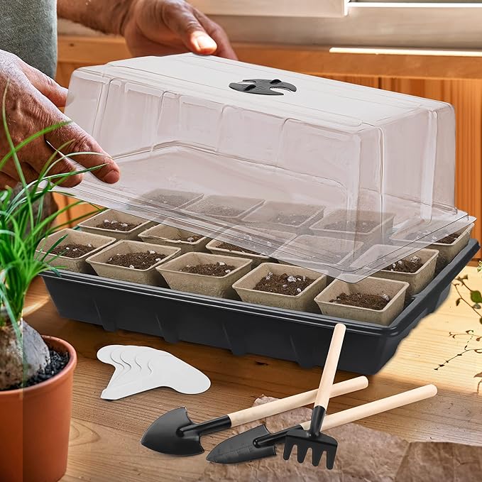 4 Pack Seed Starter Tray Kit, 120 Square Seed Peat Pots for Seedlings with Plants Labels, Planting Tools, Plastic Growing Germination Trays with Lids for Indoor Outdoor Gardening, Black - Image 7