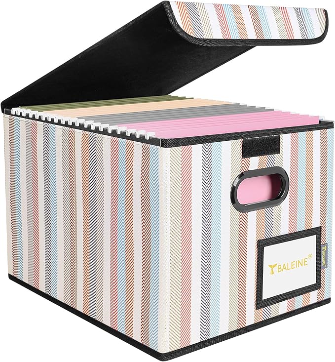 BALEINE File Organizer Box with Lid, Collapsible File Folder Organizer with Plastic Slide, Hanging File Folder Box for Office Document Storage (1 Pack, Color Stripe) by BALEINE