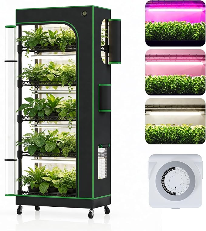 PYY Indoor Greenhouse with Grow Light - 6 Tier Heavy Duty T8 3000K Grow Lights, Curved Zip Door, Thermometer & Timer, Adjustable Shelves, 4 Caster Wheels for Home & Garden (27.6"x15.7"x70.9") by PYYBuffetProducts