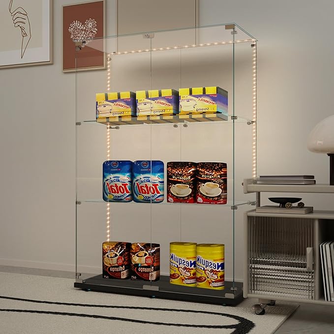 Yoluckea 3 Tiers Glass Display Cabinet with Bluetooth LED Light Strip, 2 Doors Floor Standing Curio Cabinet with Universal Wheel for Home, Black Glass Bookshelf for Collections, Clear Top - Image 5