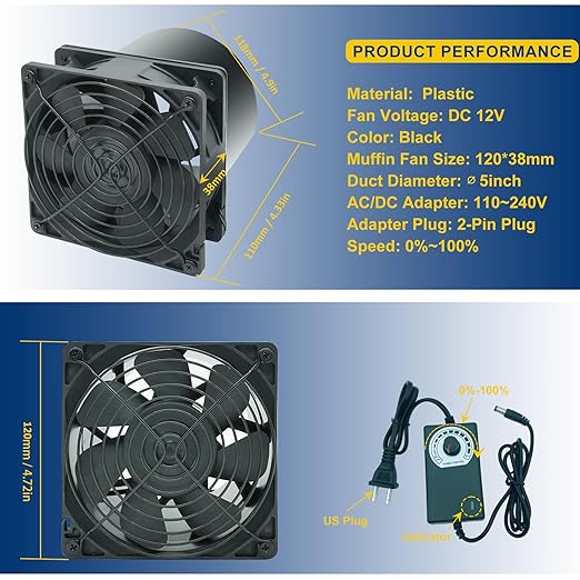 5in Air Exhaust Fan Fume Extractor, 6000RPM 210CFM DC12V Fan w/ 6.5ft Hose for 3D Printer, 3D Laser, Grow Tent, DIY - Image 3