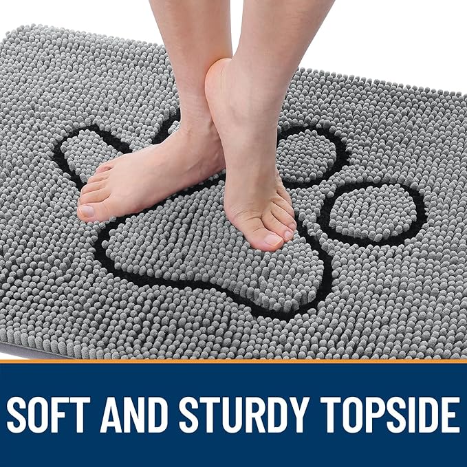 OLANLY Dog Door Mat for Muddy Paws 32x20, Paw Print Design, Absorbs Moisture and Dirt, Absorbent Non-Slip Washable Doormat, Quick Dry Chenille Mud Mat for Dogs, Entry Indoor Entryway Carpet, Grey - Image 4