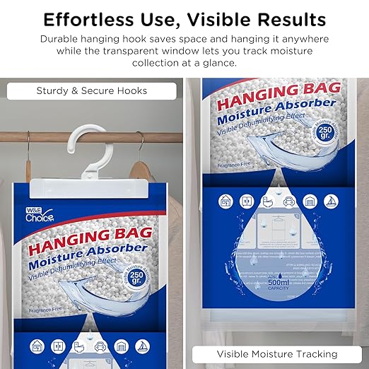 W&E Choice Moisture Absorbers Hanging Bag for Your Closet, Dehumidifier Bags for Bathroom, Fragrance Free Humidity Packs, 6 Pack - Image 4
