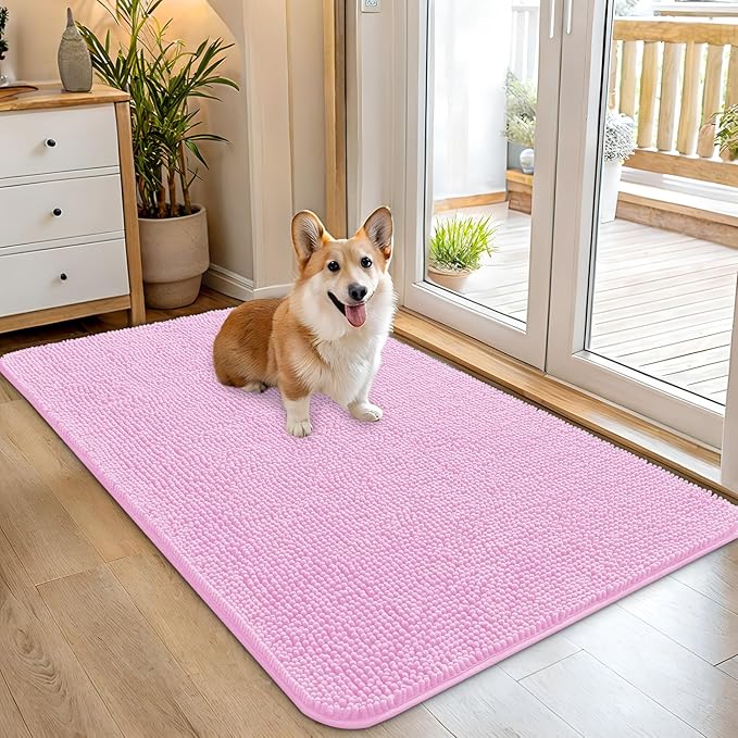 OLANLY Dog Door Mat for Muddy Paws 45x27, Absorbs Moisture and Dirt, Absorbent Non-Slip Washable Doormat, Quick Dry Chenille Mud Mat for Dogs, Entry Indoor Entryway Carpet for Inside Floor, Pink by OLANLY