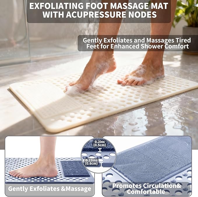 Bath Tub Shower Mat with Soft Shower Foot Scrubber Mat for Massage,Non Slip Bathtub Mat with Strong Suction Cups, Silicone Shower Foot Scrubber Mat (White, 35.4" X 23.6"(Rectangular)) - Image 6