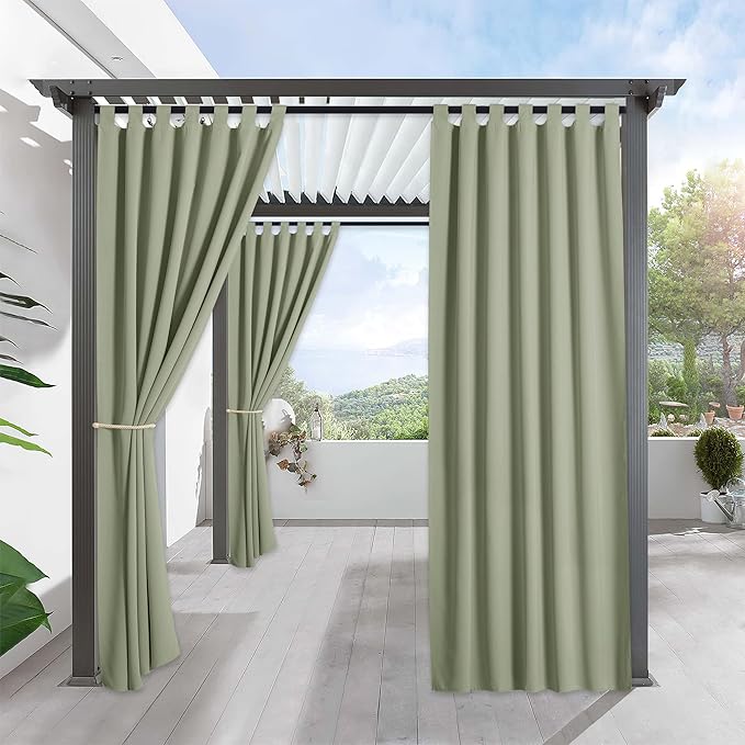 RYB HOME Outdoor Curtains for Patio Waterproof Tab Top Block Sunlight Thermal Insulated Privacy Assured Thick Outside Curtains for Deck, Balcony, Pool, W52 x L108, Sage Green, 1 Panel by RYBHOME