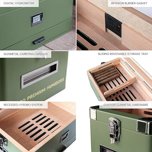 CASE ELEGANCE Military Glass Top Humidor with Thick Cedar, Includes Klaro Valet BLE Digital Hygrometer + WiFi Bridge for Remote Monitoring Humidity & Temperature, iOS & Android App - Green - Image 7