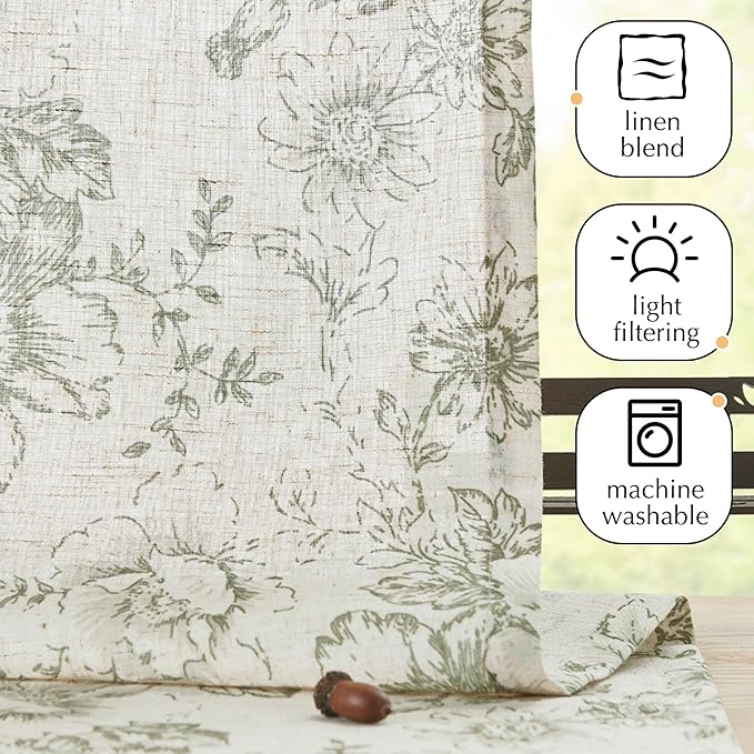 jinchan Pinch Pleated Curtains Floral Linen Blend Curtains for Living Room 96 Inches Length Green Peony Flower Printed Curtain Rod Pocket Back Tab Farmhouse Drapes with Hooks Set 2 Panels - Image 7