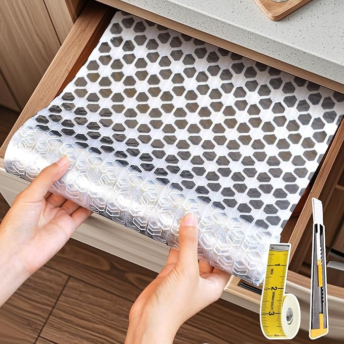 Drawer and Shelf Liner for Kitchen Cabinet: 17 in X 20 Ft Non Slip Waterproof Shelf Paper Non Adhesive Refrigerator Liners Silver Square Easy Liners for Bathroom with Knife Tape Measure - Image 8