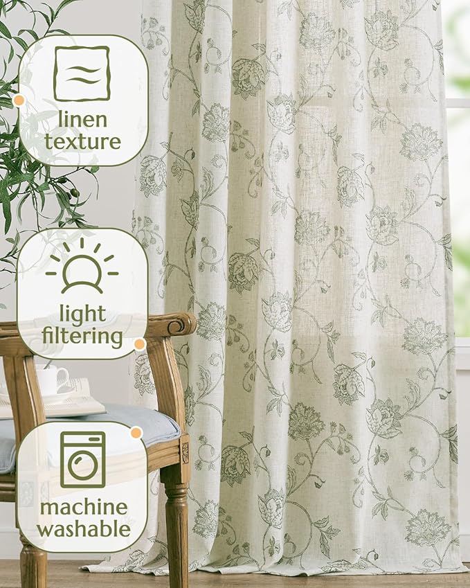 jinchan Linen Curtains Floral Curtain 84 Inch Length for Living Room Bedroom Light Filtering Rod Pocket Back Tab Jacobean Curtains Flax Linen Texture Window Drapes Set 2 Panels Green on Linen - Image 4