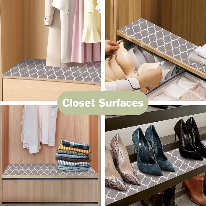 Drawer and Shelf Liner for Kitchen Cabinet: 12 in X 20 Ft Non Slip Waterproof Shelf Paper Non Adhesive Refrigerator Liners Gray Quatrefoil Easy Liners for Bathroom Cupboard with Knife Tape Measure - Image 7