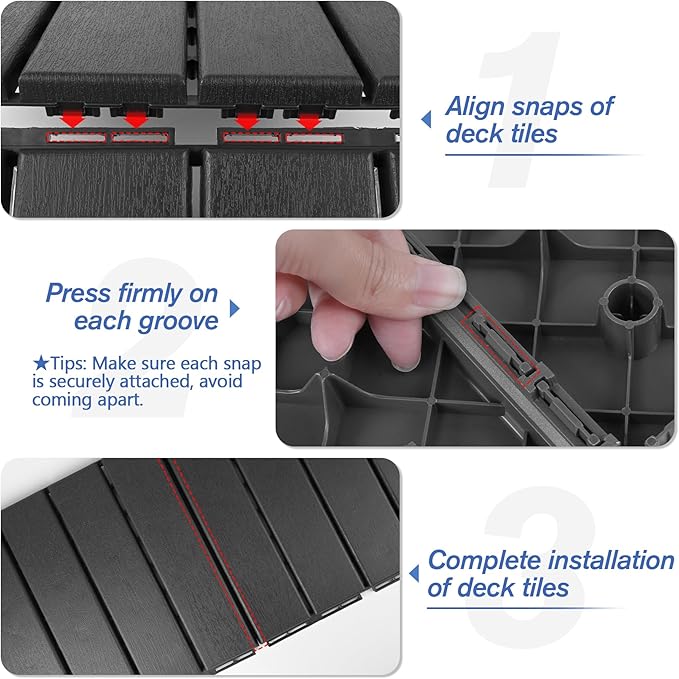 MYFAMIREA 9 Pcs Plastic Interlocking Deck Tiles 12" L x 12" W Patio Floor Decking Tiles Indoor Outdoor Waterproof Non-Slip Flooring Tile All Weather Use for Balcony Backyard Porch Poolside, Dark Grey - Image 5
