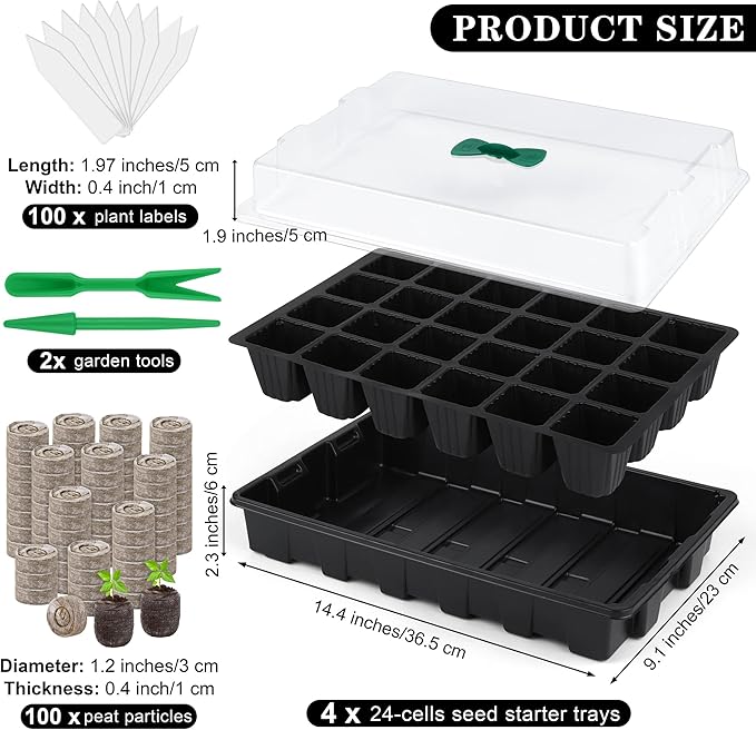 4 Pack 24-Cells Seed Starter Tray Kit Germination Tray with Humidity Dome and Base, Plant Growing Kit Germination Starter Including Peat Pellets, Plant Labels, Tool for Indoor Outdoor, Black - Image 2