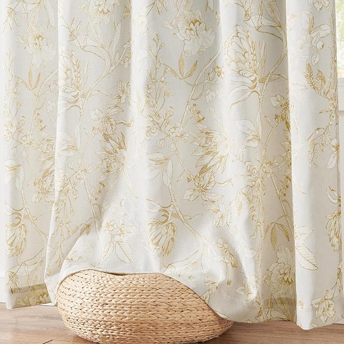 jinchan Floral Curtains 90 Inch Length Mustard Yellow Flower Linen Farmhouse Curtain for Living Room French Country Vintage Curtain Rod Pocket Curtains Set 2 Panels Floral Printed - Image 8