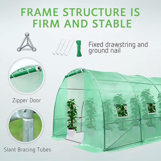 VIVOSUN 20x10x7 Ft. Large Walk in Greenhouse, Greenhouse Tunnel, Garden Plant Hot House with Green PE Cover, Roll-up Zipper Door and Window for Outdoor - Image 5