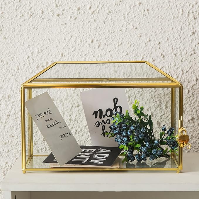Glass Wedding Card Box with Slot, 12.6 inch Large Clear Card Box Gold Brass Gift Card Storage Box with Lock for Wedding Receptions, Baby Shower, Birthday Party, Bridal Shower - Image 3